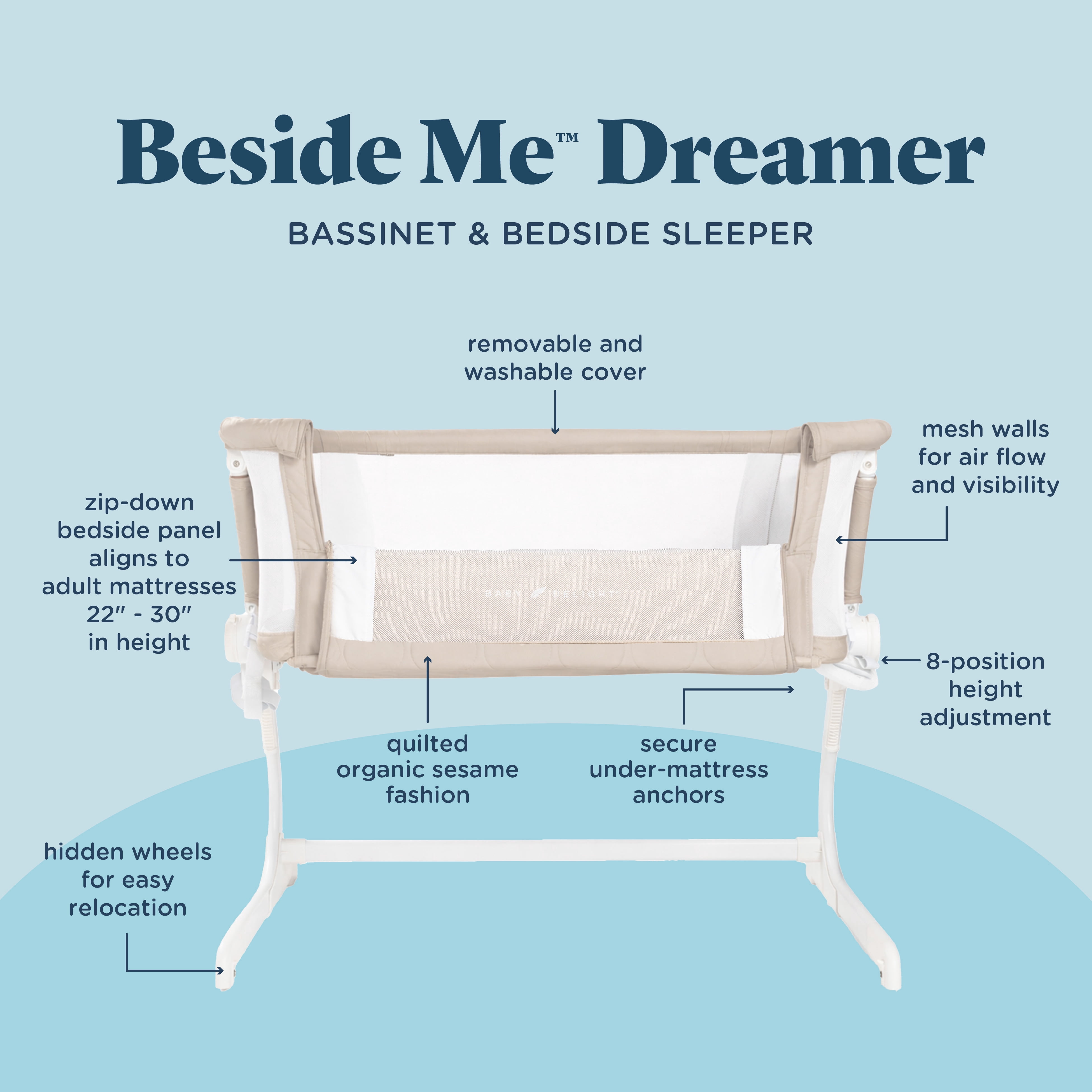 Beside Me Dreamer Organic Bassinet & Bedside Sleeper, Adjustable, Breathable & Portable, Organic Sesame