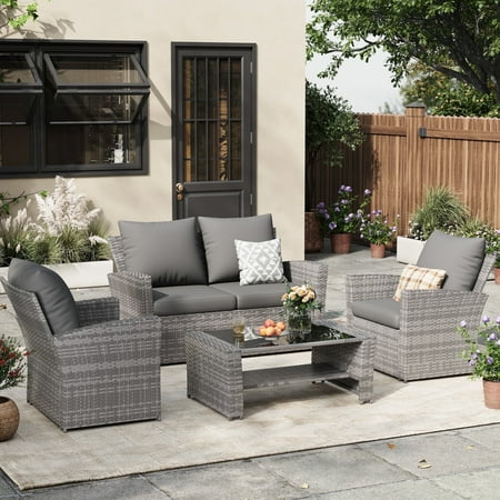 ELPOSUN Wicker Patio Furniture Set, 4 Piece Outdoor Sectional Conversation Sets, Gray PE Rattan Patio Sofa Set for Balcony, Porch, Backyard, Grey