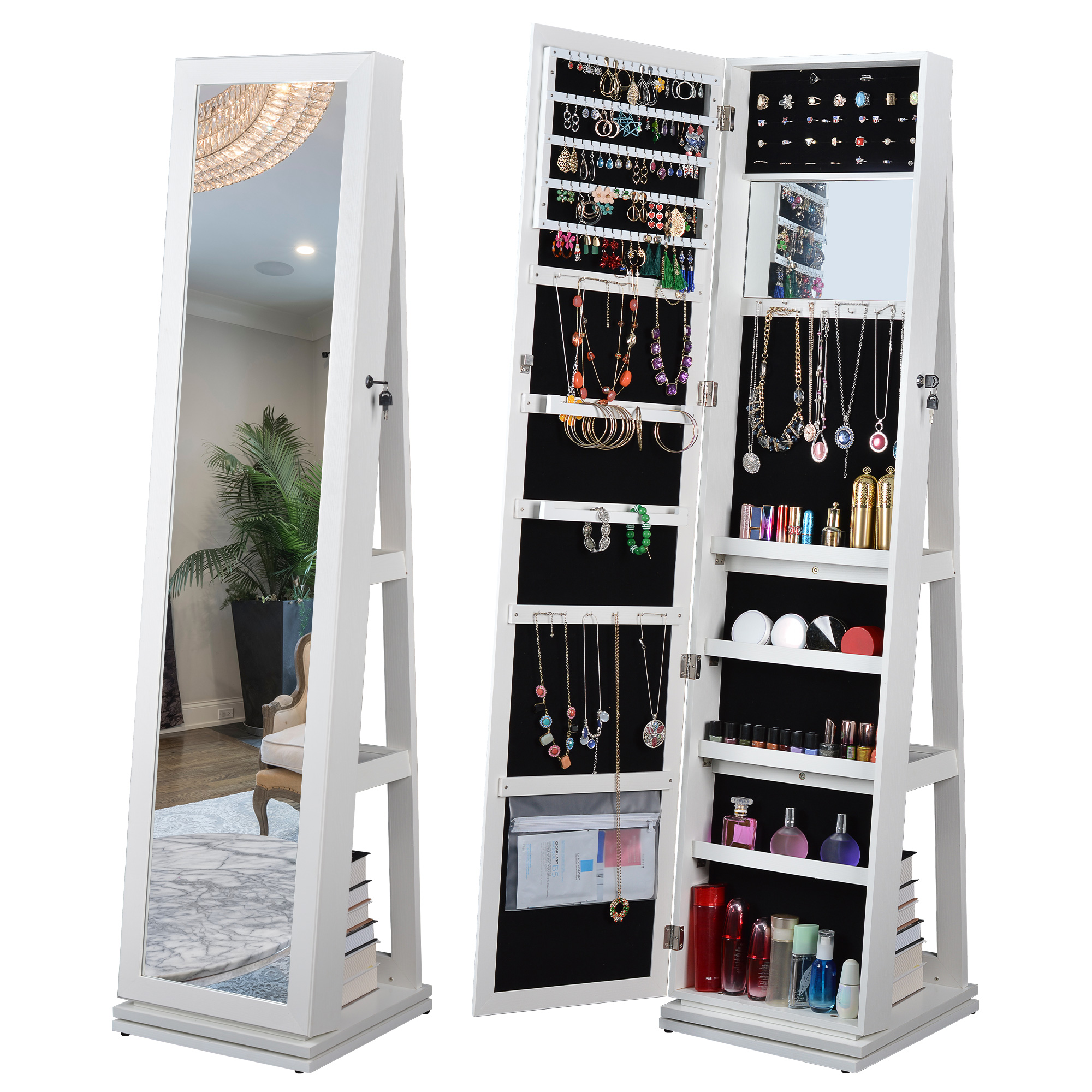 360 Spinning Lockable Jewelry Armoire with Free Standing MirrorBack Storage  Shelves Large Capacity Mirrored Jewelry Organizer Cabinet for Bedroom  Cloakroom White