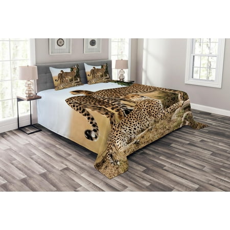 Inc Cheetah Bedding Africa Bedspread Set, Cheetahs Mother and Two Young Baby Looking for Food Dangerous Exotic Animals, Decorative Quilted Coverlet Set with Pillow Shams Included, Tan Black, by Ambesonne ()