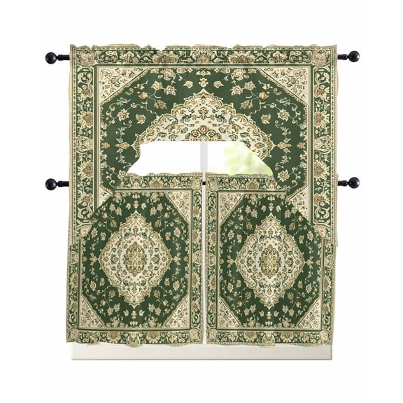 Green Boho Southwestern Kitchen Curtains Sets 36 Inch Length with Valance, Antique Farmhouse Ethnic Swag Valances and Tiers Curtain Set Drapes Swag Curtains for Living Room, Bathroom, Bedroom, Cafe