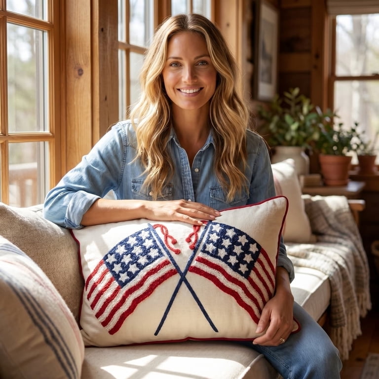 Patriotic Crossed American Flags Lumbar Pillow, 15x10 Inch Tufted