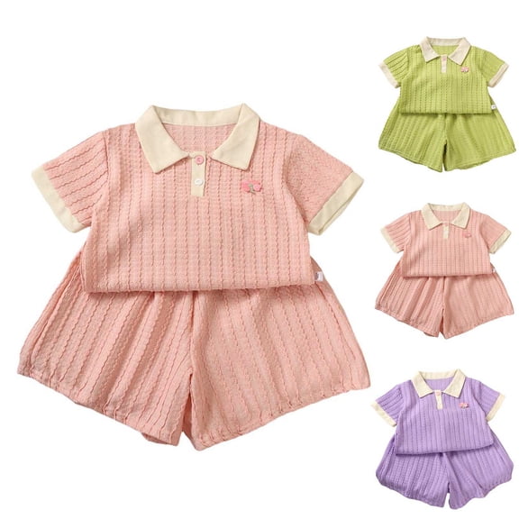 Piuwrlz Girls Short Sets Girl Outfit Set Lapel Collar Suummer T-Shirt and Shorts Set Green Size 6-12 Years