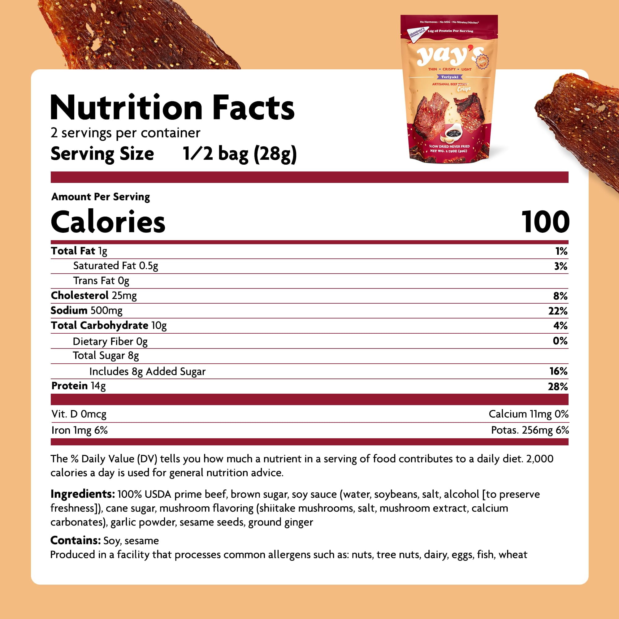 Yay's Snacks Sweet & Savory Beef Crisps, High-Protein Ready-to-Eat Crispy Crunchy Chipped beef, Teriyaki Beef Jerky with 28g Protein per Bag, Non-GMO Healthy Meat Snack, USA-Made pack of 3 (1.75 oz)