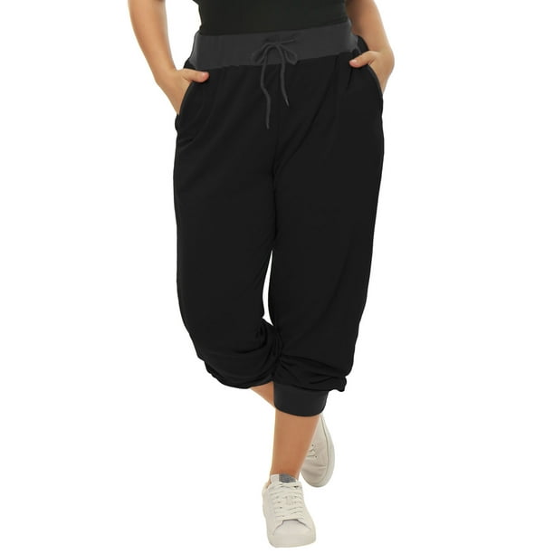 Women Plus Size Drawstring Waist Contrast Color Jogger Pants 3X Black Long  