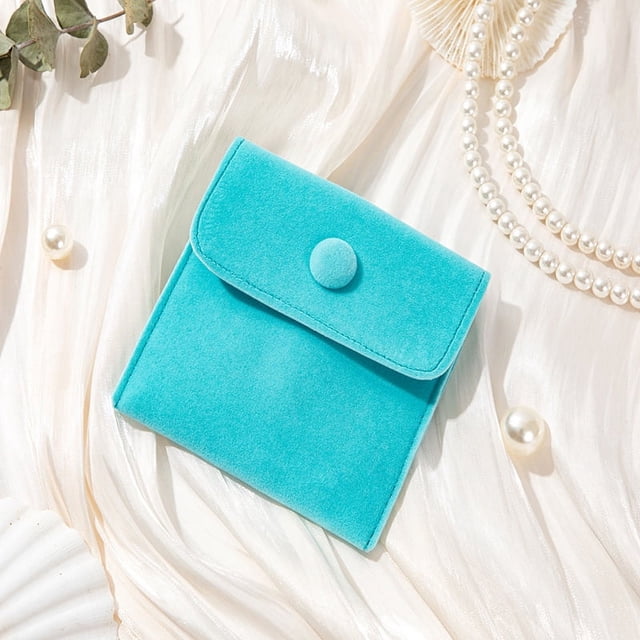 Paquete de 4 bolsas pequeñas para joyería de piel sintética de gamuza de microfibra con botón a presión (crema y azul lago), 7*7cm+10*10cm