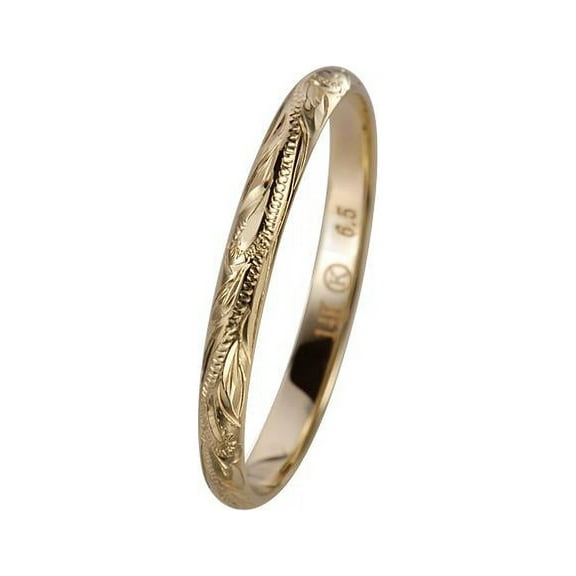 14K solid yellow gold hand engraved Hawaiian princess scroll band ring 2mm size 1 to 10