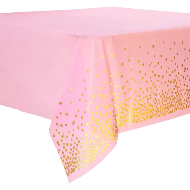 1 pieza Mantel desechable rosa y dorado para mesa rectangular, cubierta de mesa de plástico con confeti dorado, para despedida de soltera, cumpleaños de niña, baby shower, 137 cm x 274 cm