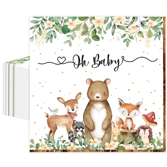 40 Pcs Disposable Party Napkins 13x13 Inch, Woodland Animals Oh Baby Design, Bulk Luncheon Napkins for Baby Shower Birthday Decorations