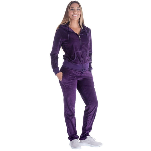 TanBridge Women's 2 Piece Solid Velvet Tracksuit Set Full Zip-up Hooded Sweatshirts & Pants Set