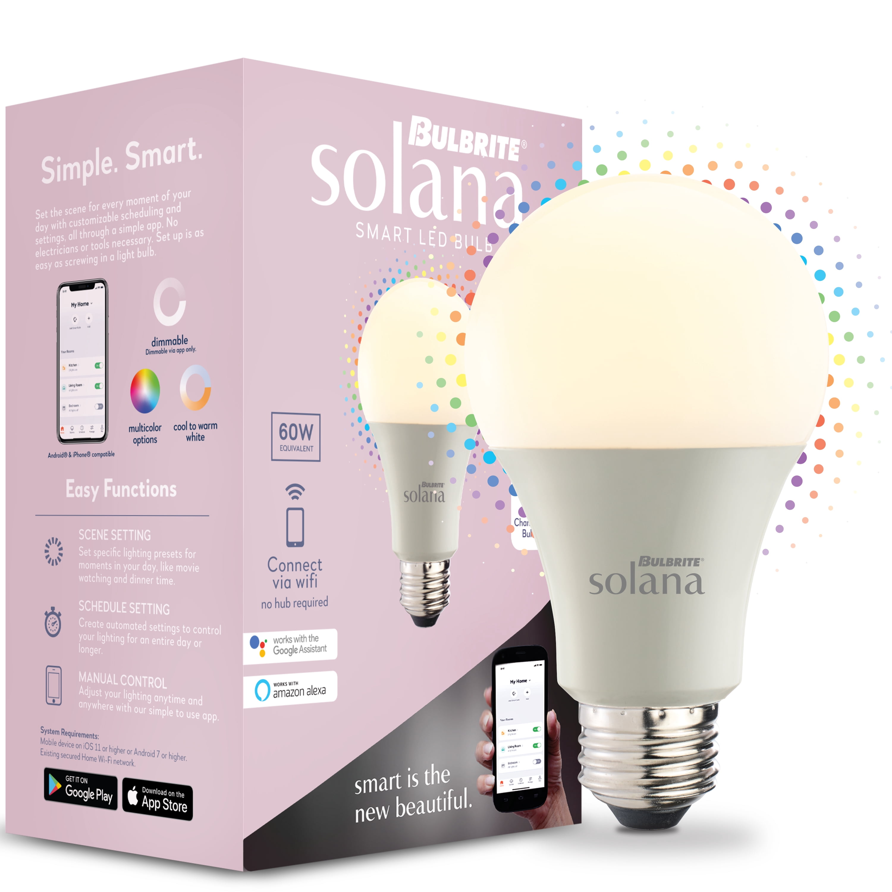 Bulbrite Solana 2-Pack A19 WiFi Connected Color Changing LED  Smart Light Bulb, Frost