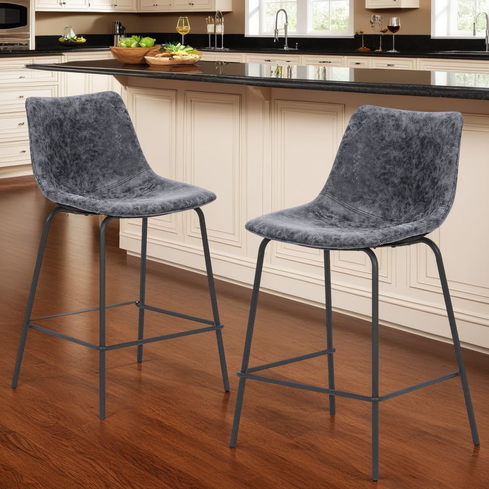 Abble 24 inch Bar Stools Set of 2, Faux Leather Bar Chair Upholstered Low Back Kitchen Counter Height Stools with Sled Base, Floor-Scratch Protection, Charcoal Gray