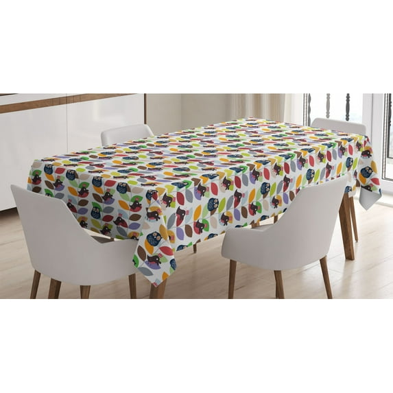 Forest Friends Tablecloth, Abstract Pattern Owls and Birds with Crown on Colorful Branch Print, Rectangle Satin Table Cover Accent for Dining Room and Kitchen, 52" X 70", Multicolor, by Ambesonne