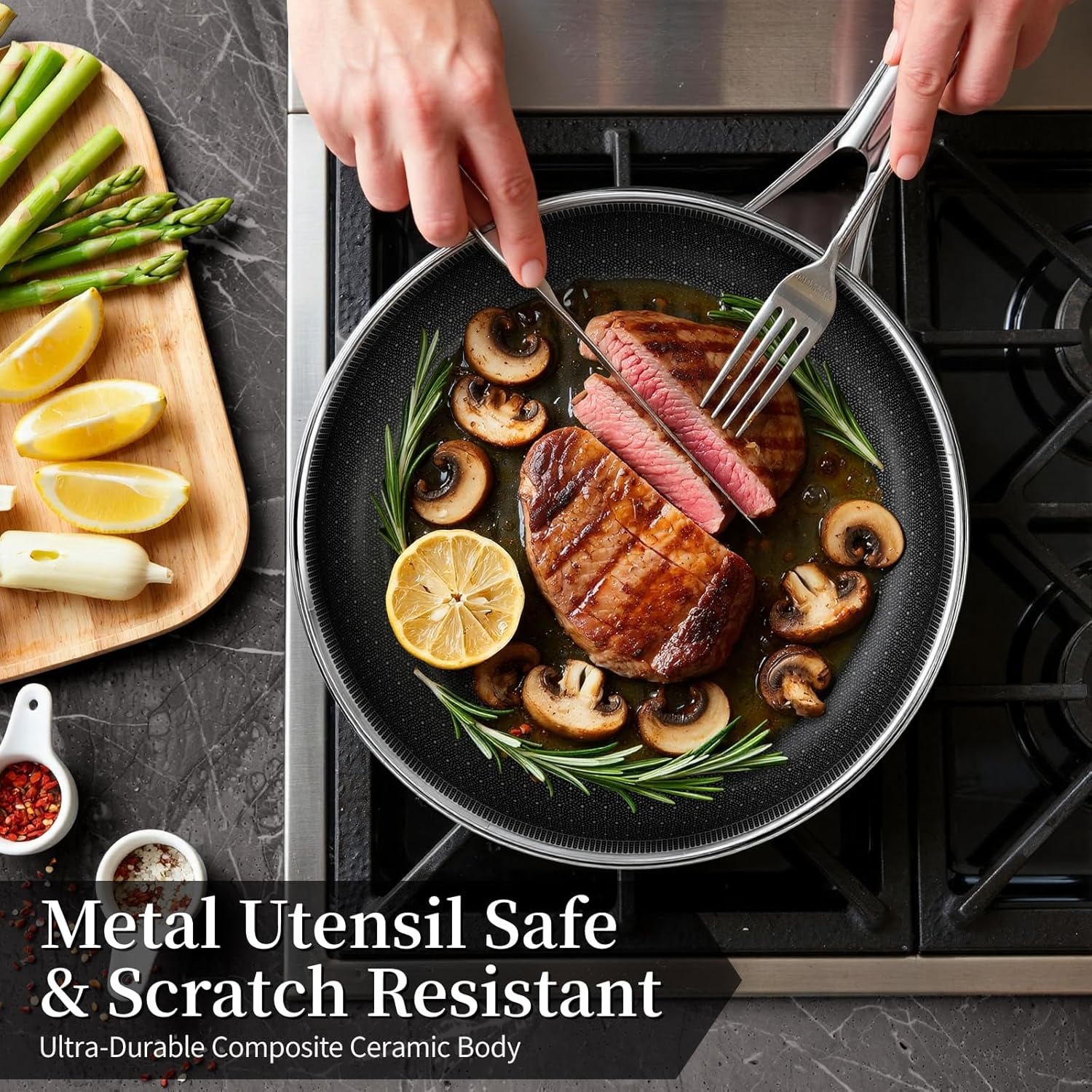 11 Inch Non Stick Frying Pan Stainless Steel Ceramic Skillet PFAS  Induction Compatible