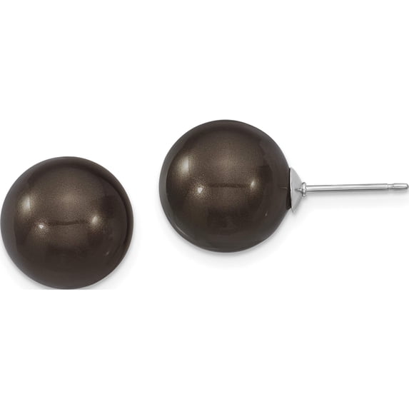 Sterling Silver Majestik Rh-Pl 12-13mm Blk Imitat Shell Pearl Stud Earrings Made In Canada qmje12b