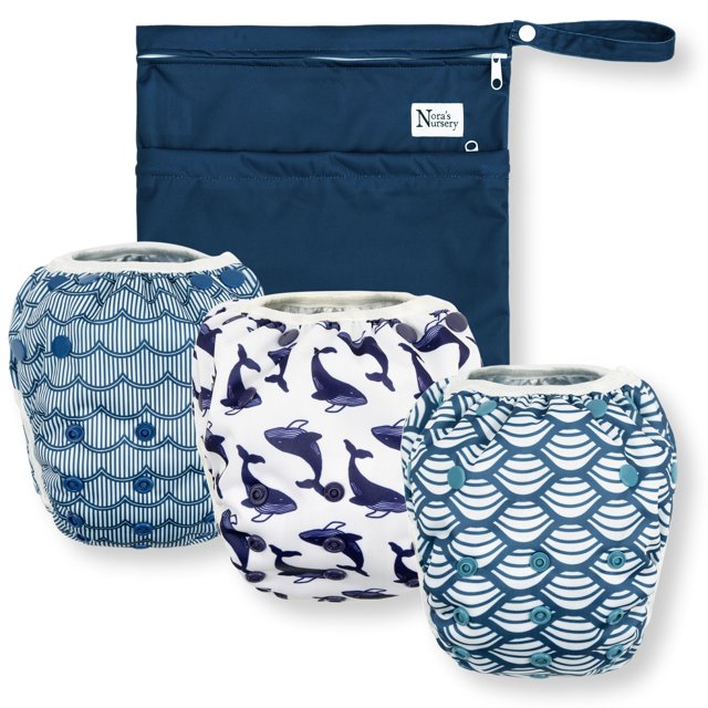 Pañales de natación reutilizables y bolsa húmeda - Talla única totalmente ajustable - Paquete de 3 unisex Big Splash con bolsa húmeda de Nora's Nursery