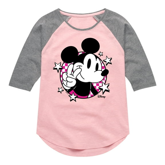 Disney - Mickey & Friends - Peace Sign - Checkered Background - Toddler And Youth Girls Raglan Graphic T-Shirt