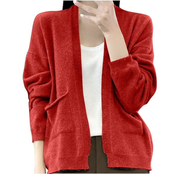 Kilaqueen Cropped Cardigan for Women Open-Front Long Sleeve Lightweight Cardigan Soft Draped Peplum Knit Outwear with Pocket