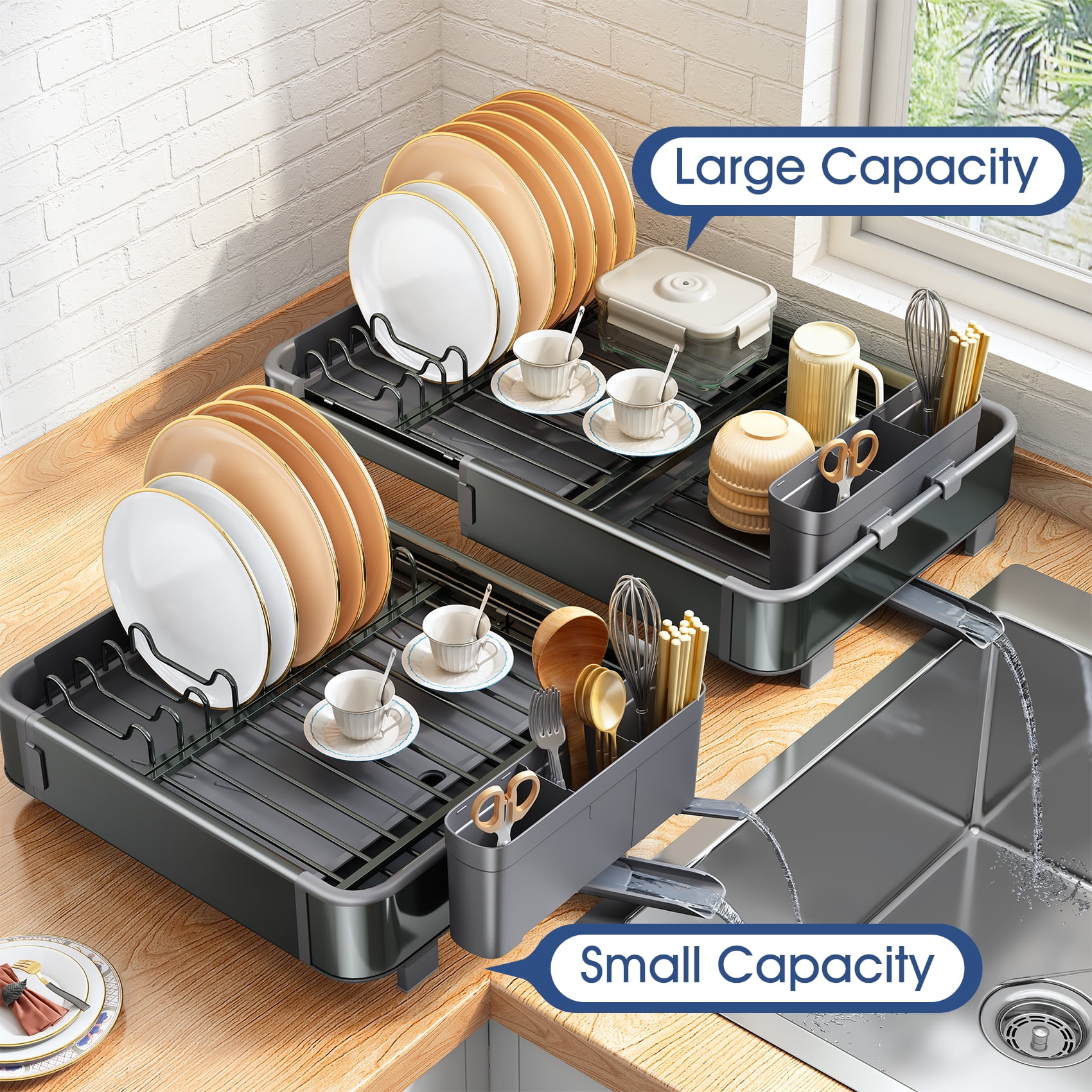 PXRACK Large Dish Drying Rack - Expandable Dish Rack with Drainboard Set,  Multifunctional Dish Rack for Kitchen Counter, Anti-Rust Drying Dish Rack