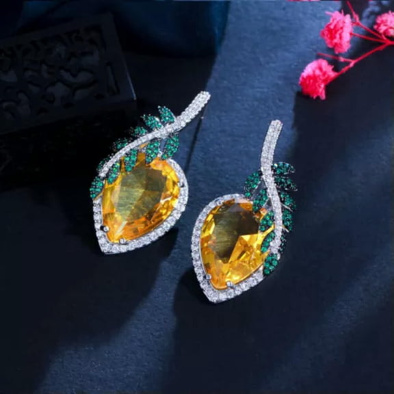 Yellow CZ Green Leaf Feather Drop Earrings 925 Silver for Women Party Jewelry