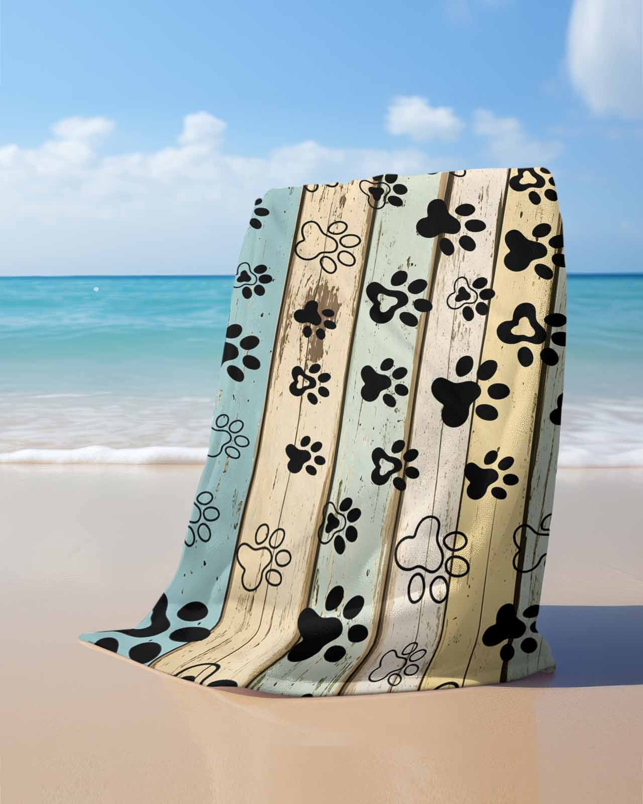 Teal Brown Paw Prints Beach Towels Oversized Super Absorbent, Vintage Farmhouse Wooden Grain Lightweight Bath Towel Quick Dry Sets For Bathroom/Pool/Rv Camping/Beach Play/Gym Room/Picnic 31"x62"