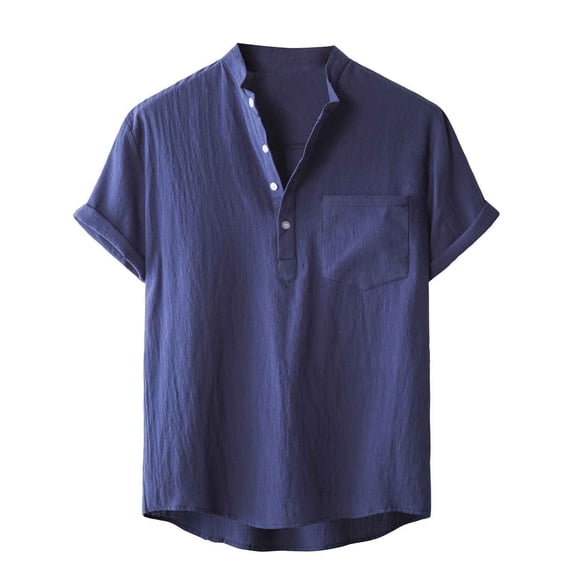 Lolmot Men Short Sleeved Cotton Linen Casual Shirts Solid Color Stand Collar Loose Tops Sports Vacation Beach Top Shirt Blouse with Pocket