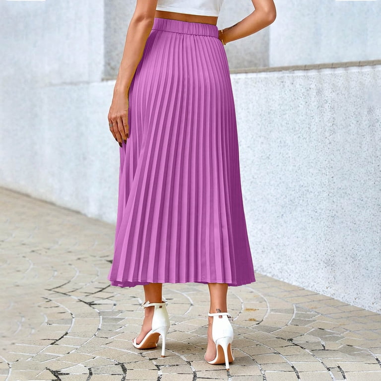 Gfyviroh Midi Skirts for Women Solid Color Pleated High Waist