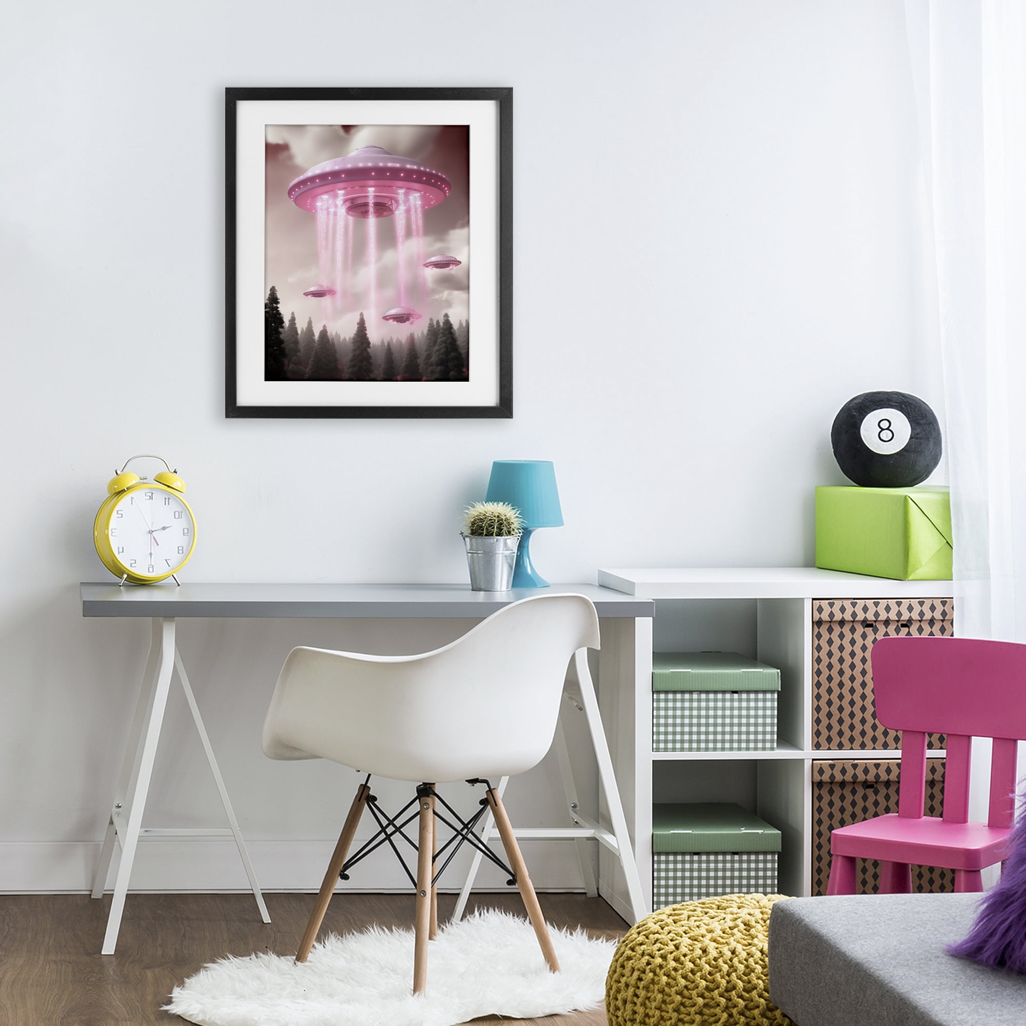 Glam UFO with Pink Beams Black Framed Print Under Glass, design by Sasha