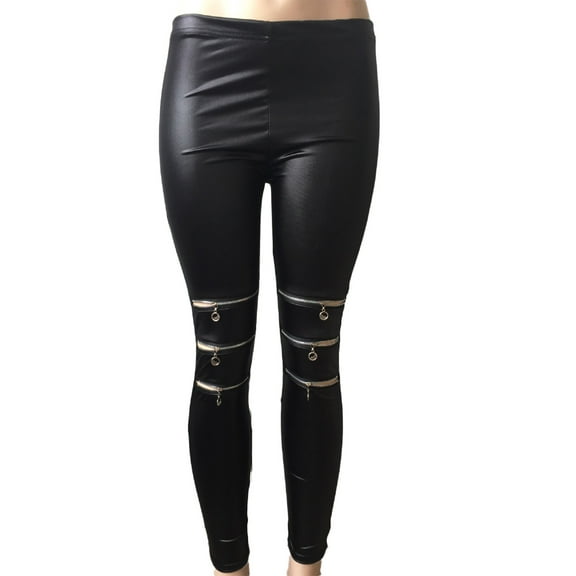 XWSHYW Pants for Women Womens Knee Three Zipper Tight Leather Pants Lmitation Leather Slim Leggings