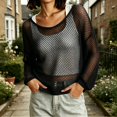thumbnail image 2 of Ke1Clo Women’s Cotton Openwork Knit Sweater Cropped Sheer Mesh Cover Up Loose Fit Long Sleeve Summer Vacation Hollow Out Lightweight Korean Style Top, 2 of 7