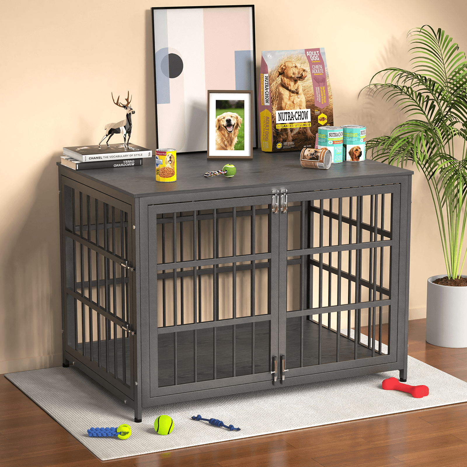 Ironovahome 42" Heavy Duty Dog Crate Furniture, Chew-Proof & Escape-Proof Wooden Dog Cage with Safe Locks & Double Doors, XL Indoor Dog Kennel Pet House for Large Dogs Up to 85lb, Black