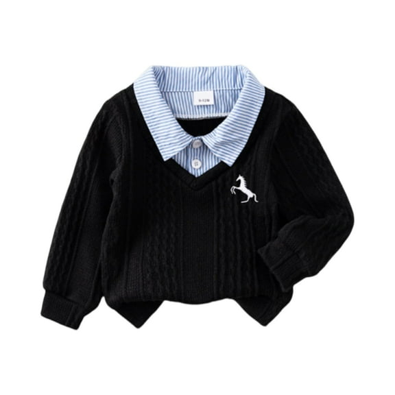 Toddler Boys Knit Pullover Sweater with Embroidered Animal Detail and Contrast Collar for Casual Wear
