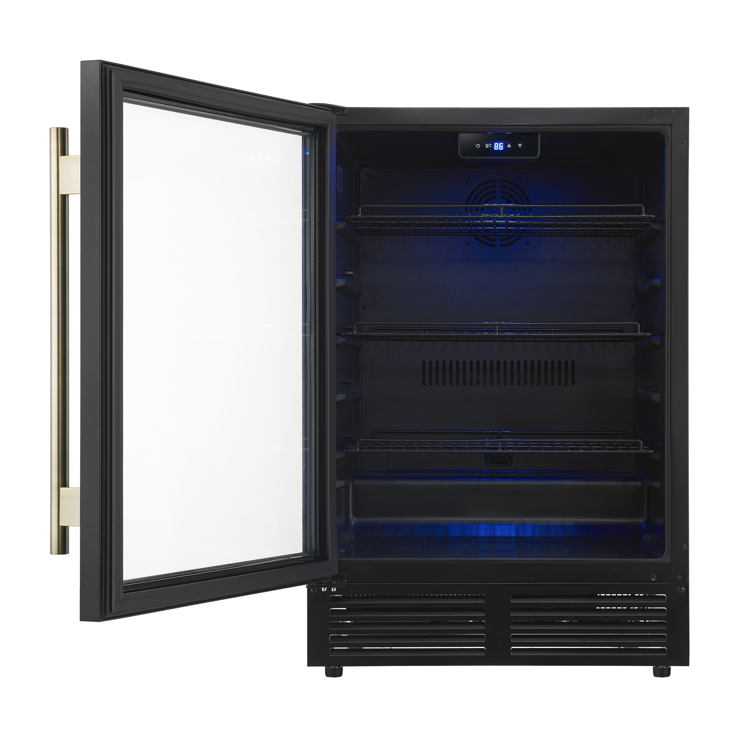 Forno Frescolino 24 Inch Beverage Cooler, Black with Antique Brass Handles, with LED Lighting, Triple Glass Door, 188 Can Capacity, Built-In or Freestanding