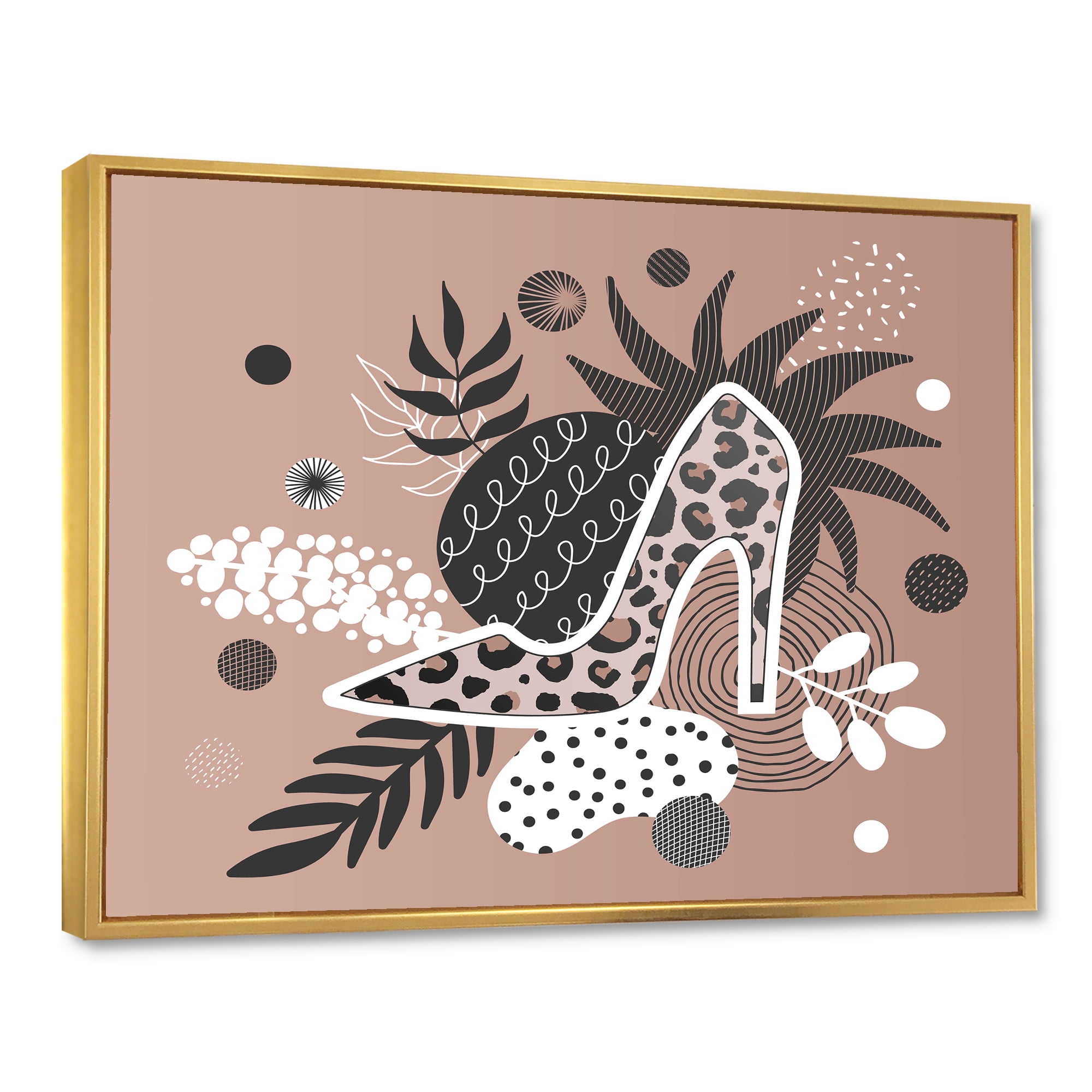 Designart 'Leopard High-Heeled Shoes On Tropical Leaves' Modern Framed Canvas Wall Art Print