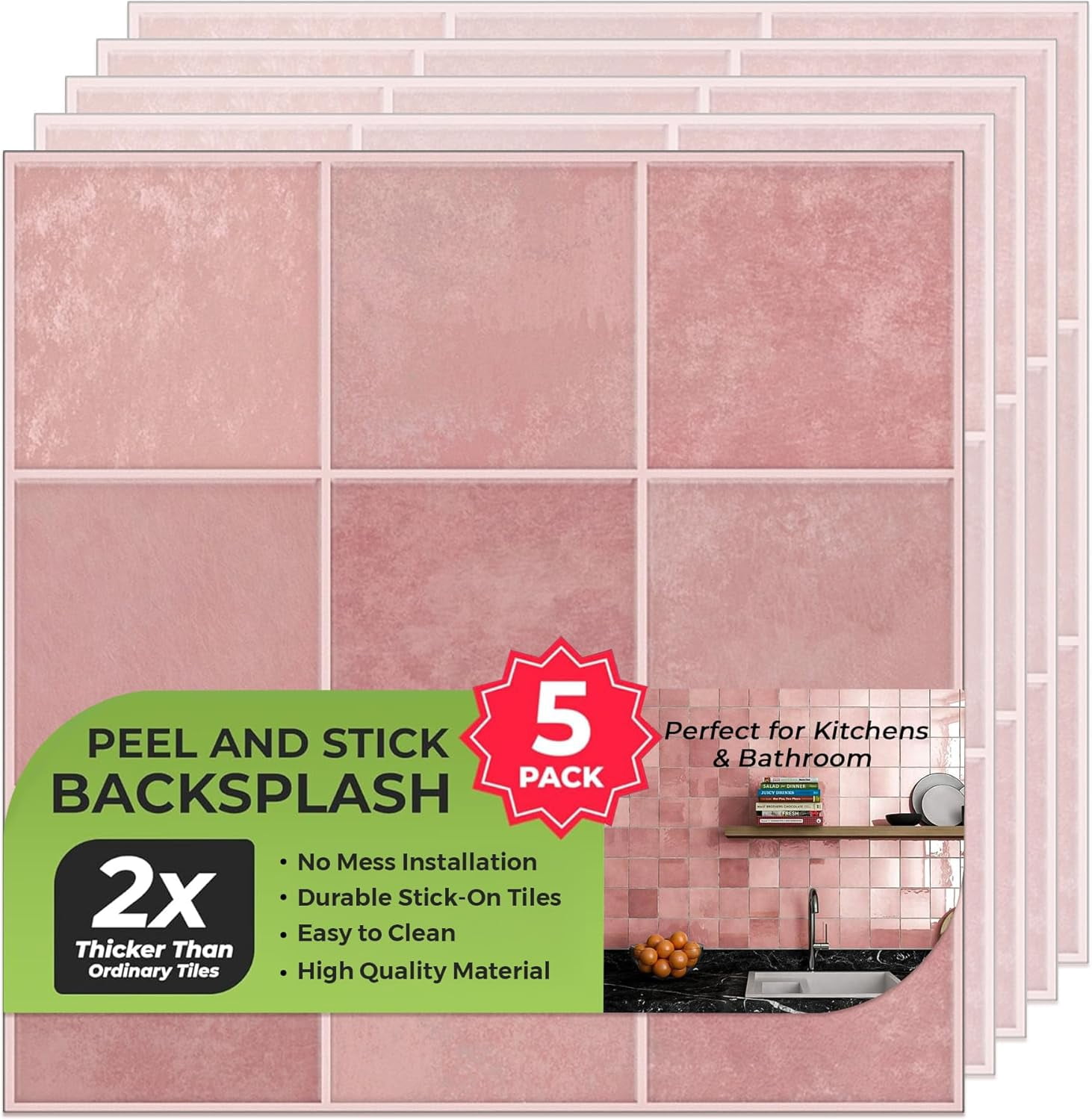 Select 5 Pack Peel and Stick Backsplash Square Tiles, Extra Thick 3D Wall Panels, Heat & Water Resistant, Easy DIY Kitchen, Bathroom, Laundry, Fireplace & Rental Home Wall Décor (12 x 12 in), Pink