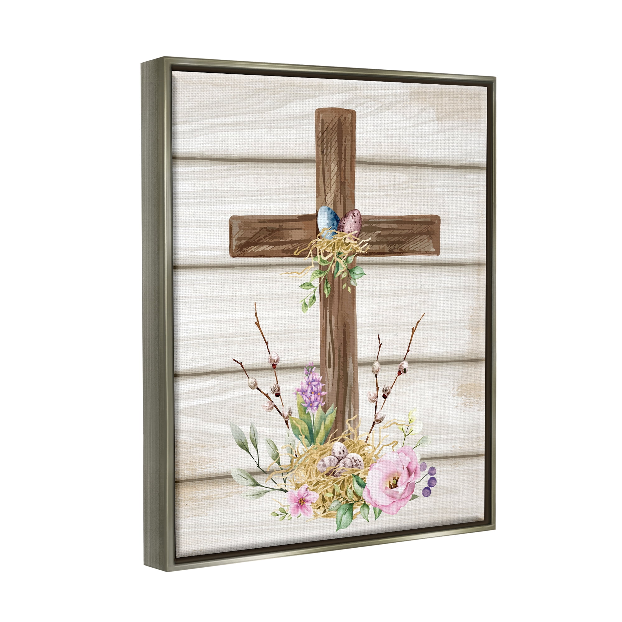 Stupell Spiritual Easter Cross Spring Blossoms Holiday Painting Gray Floater Framed Art Print Wall Art
