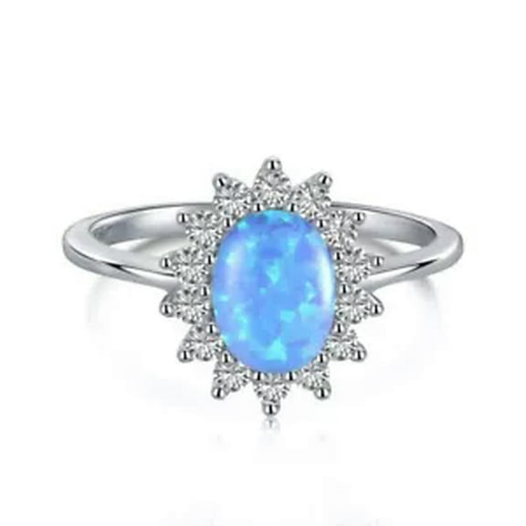 K-KED S925 Solid Sterling Silver Oval Shape Lab Opal Ring Zirconia Sapphire Halo Rings-Blue-US 8