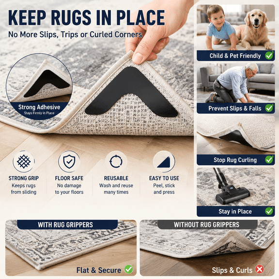 4 Pack Rug Grippers for Area Rugs, Reusable Non Slip Rug Corner Holders with Strong Adhesive Anti Curl Tape, No Damage Carpet Stickers for Hardwood Floors, Tile, Laminate Floors and Home Use