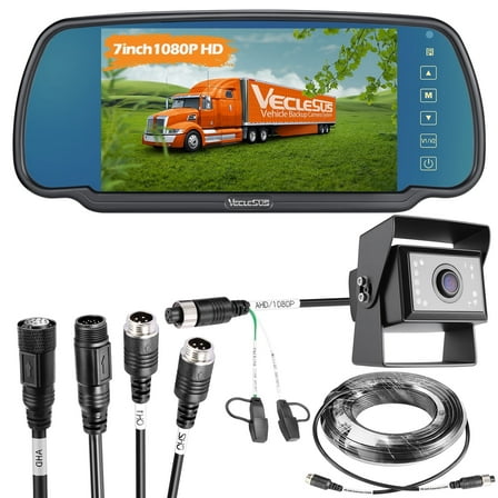 Backup camere System for Truck, VECLESUS VBS 1080P 7-Inch Mirror Monitor Backup Camera System, HD IR Night Vision, Waterproof Rearview Camera,2 Video 2 Audio Inputs, for Trucks,RVs,Vans,SUVs and Cars