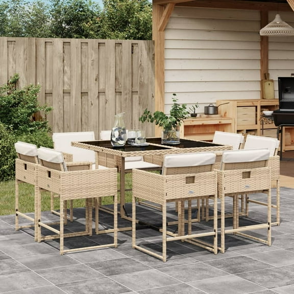 vidaXL 9 Piece Patio Dining Set with Cushions Beige Poly Rattan