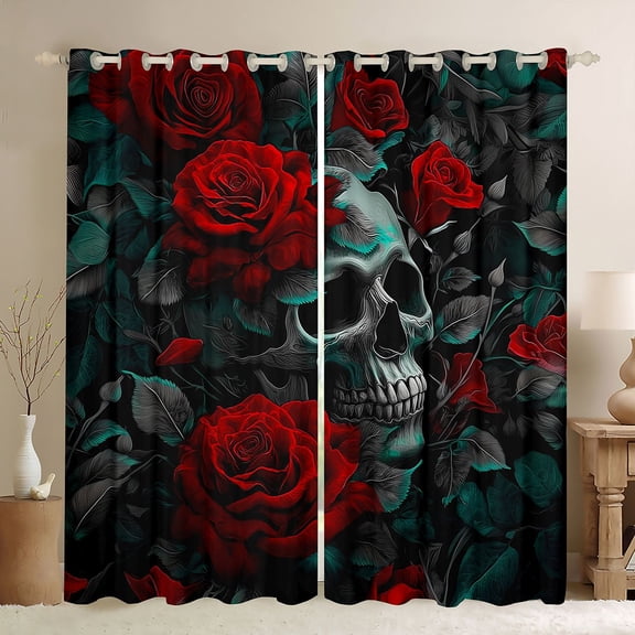 Homewish Anniversary Red Rose Black Out Curtains, Skeleton Skull Curtains Pack of 2 (42x63 Each), Gothic Romantic Theme Bedroom Curtains, Blackout Curtains Room Decor