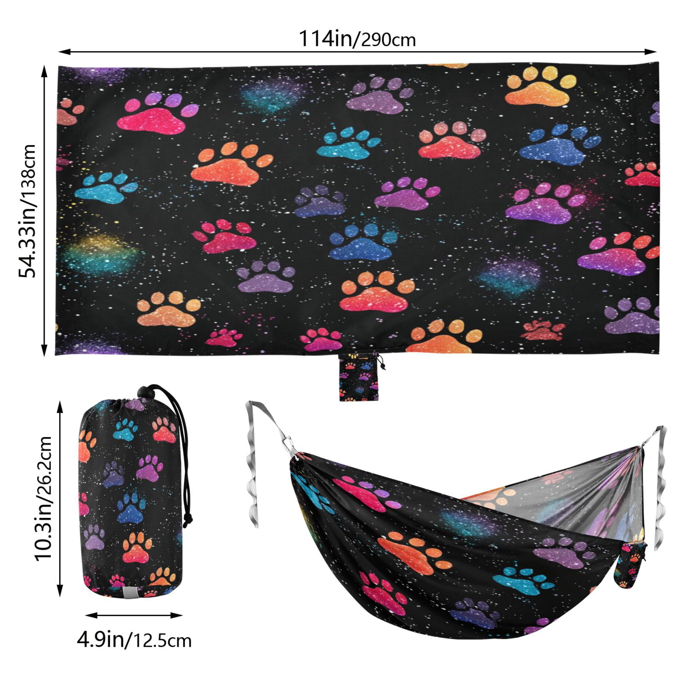 Hanging Hammock Portable Travel Camping For Outdooor Beach Camping Hiking Colorful Paw Print Pattern with A Galaxy Design
