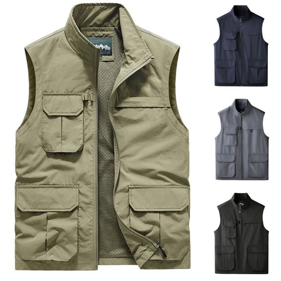 UVEASISHA Summer Vest for Men Lightweight Outdoor Travel Vest Solid Color Stand Collar Sleeveless Utility Vest for Hiking Fishing Golf Photo Work with Multi Pocket Khaki 4XL