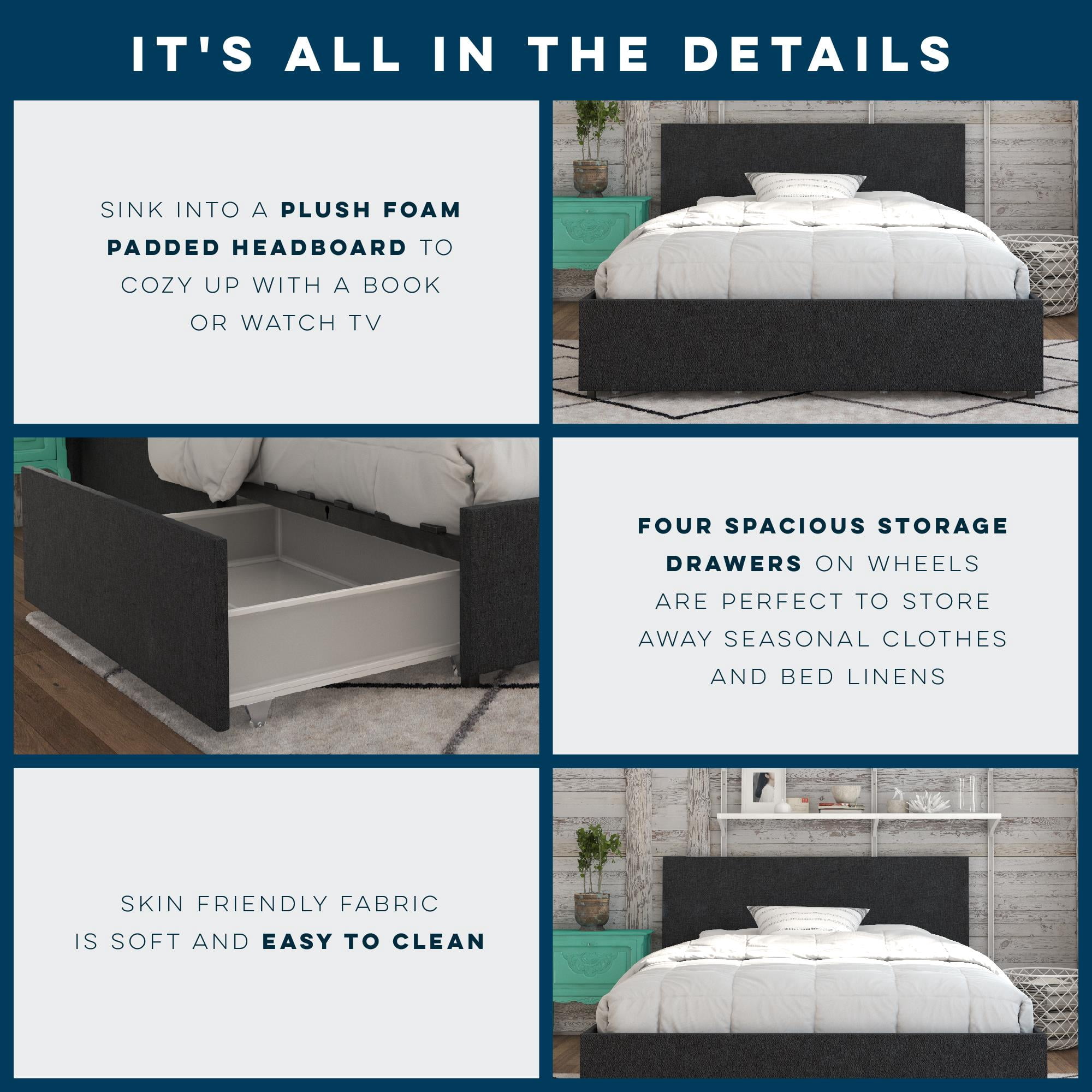Novogratz Kelly Upholstered Storage Bed Frame, Queen, Dark Grey Linen