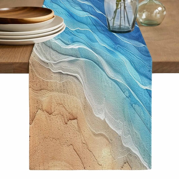 Blue Ombre Coastal Table Runner, Summer Nautical Beach Ocean Seaside Washable Cotton Linen Table Runners 60 Inches Long, Dresser Scarf Runner for Coffee/TV Stands/Kitchen/Cabinets 13''x60''