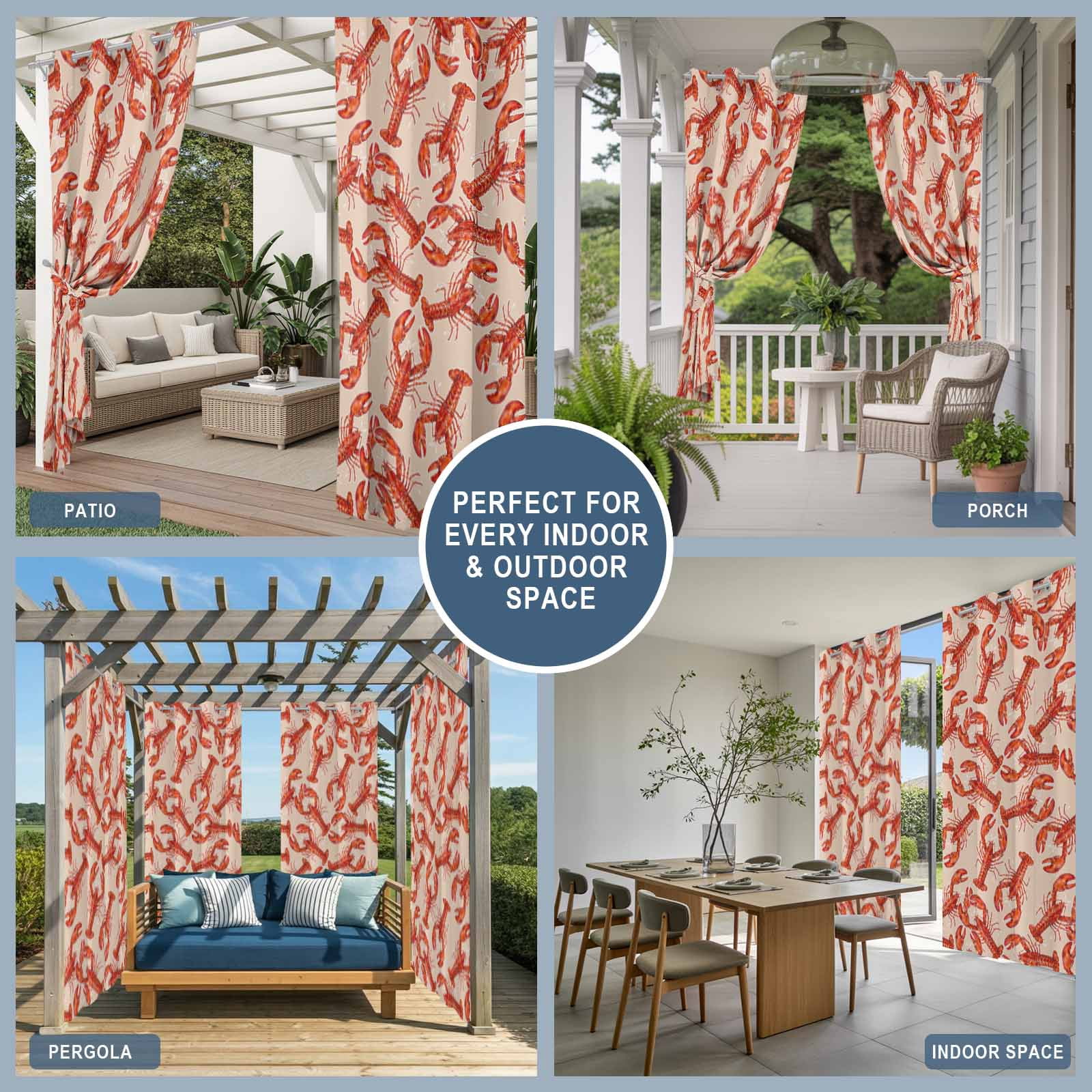 Red Lobster Outdoor Curtains for Patio, Summer Crawfish Ocean Animal Minimalist Art Retro Sunshade Privacy Drapes Grommet Waterproof Outside Curtains for Porch/Cabana/Balcony 54"x 108", 1 Panel