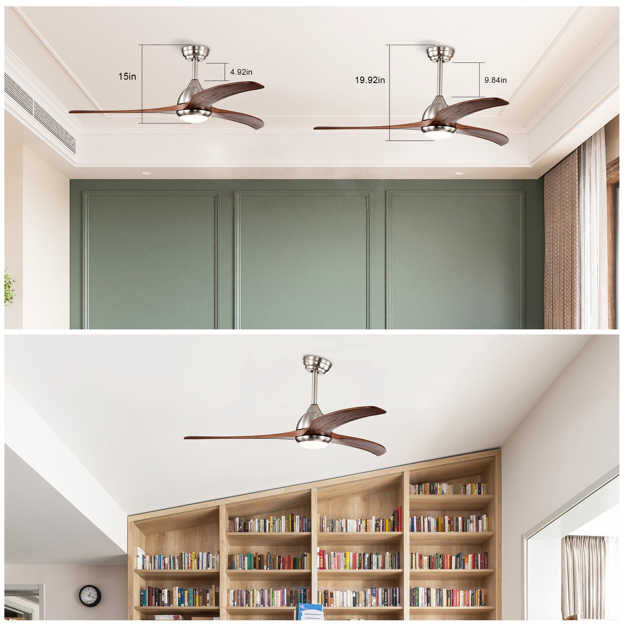 Ceiling Fan with Light, 52 Inch Reversible Noiseless Fan for Home Indoor Living Bedroom, Stain Nickel Walnut