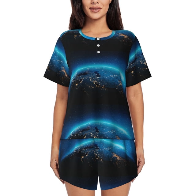 Balery Planet Earth Conjunto de Pijama para Mujer con Estampado, Dos Piezas de Manga Corta y Shorts, Ropa de Dormir Suave con Cuello Redondo y Bolsillos-Small
