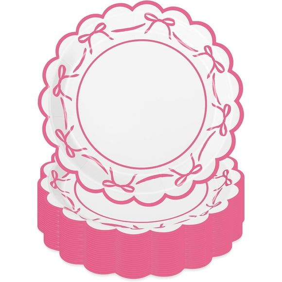CNKOO 50Pcs Black Bow Paper Plate Scalloped Bowknot Disposable Plate 9 Inch Decorative Dinner Plate for Birthday Party Table Decor