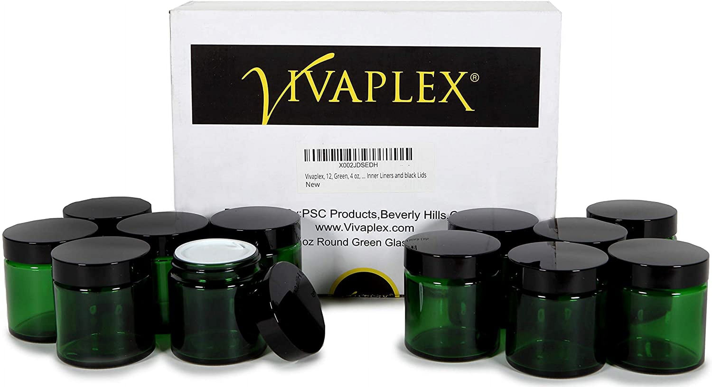 Vivaplex, 12, Green, 4 oz, Round Glass Jars, with Inner Liners and black Lids